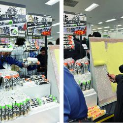 新製品のローラー「白龍」のコーナーでは試し塗りをする人が目立った